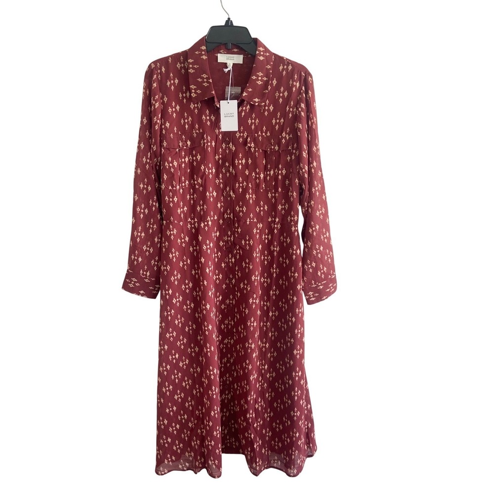 Lucky Brand Womens Burgundy Geometric Print Midi Shirt Dress‎ Red Size 8 NEW